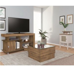Conjunto Sala De Estar Rack Para Tv Até 42 Pol Royal Com Mesa De Centro E Mesa De Apoio Memphis Amêndoa/off White