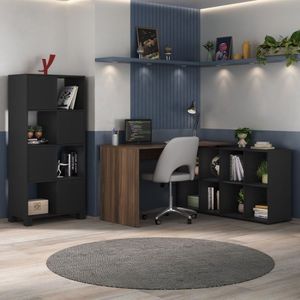 Home Office Completo Com Mesa Em L E Armário Espaçoso Preto-ipê