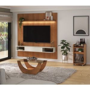 Conjunto Sala De Estar Painel Para Tv Até 75 Pol Atenas Com Mesa De Centro Onda E Carrinho Bar Brito Cinamomo-off White