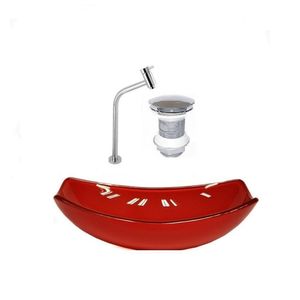 Kit Cuba De Vidro + Torneira Para Lavatório Oval Chanfrada 46cm Vermelho Cereja