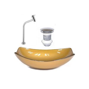 Kit Cuba De Vidro + Torneira Para Lavatório Oval Chanfrada 46cm Dourado Real