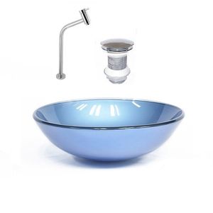 Kit Cuba Vidro Redonda 31cm Torneira E Válvula Azul