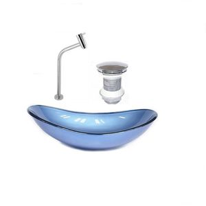 Kit Cuba Vidro Oval 55cm Torneira E Válvula Azul