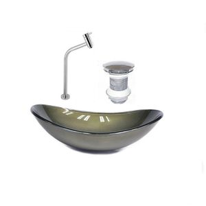 Kit Cuba Vidro Oval 55cm Torneira E Válvula Ouro Envelhecido