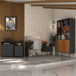 Conjunto Home Office Completo Industrial Com Escrivaninha, Estante, Gaveteiro E Balcão Preto/freijó