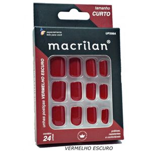 Macrilan Unhas Postiças Tamanho Curto Vermelho Escuro Up208a (24 Unidades)