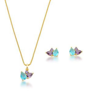 Conjunto Colar E Brincos Em Zirconias Coloridas Banhado A Ouro 18k