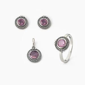 Conjunto Brinco Pingente E Anel Com Cristal E Zircônias Prata 925 Rosa 21