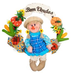 Guirlanda São João Espantalho Em Palha E Tecido Menina Caipira 59cm