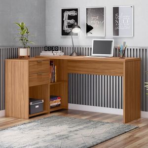Mesa De Escritório Em L 2 Gavetas 3 Nichos Office Nt 2060 Freijó Trend
