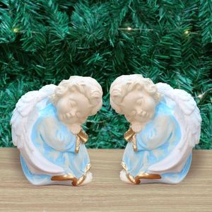 Par De Anjos De Gesso Azul Sentado Estátua Decorativa 11cm