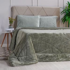 Edredom Casal Plush Sense New Dupla Face Toque Flannel Oliva Escuro