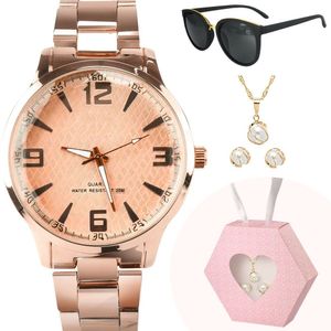 Relogio Banhado Dourado + Oculos Proteção Uv + Colar Caixa