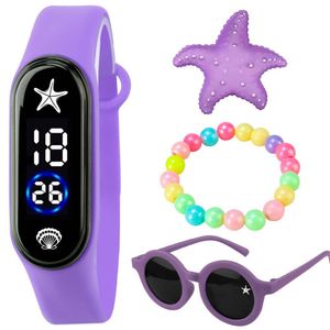Oculos Sol + Pulseira + Relógio Digital Infantil Prova Dagua Roxo Colorida Menina Fundo Mar Presente
