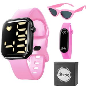 Oculos Sol + Relogio Digital Prova Dagua Barbie Rosa + Caixa Data Criança Adolescente Menina Led