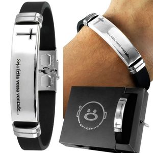 Pulseira Masculina Prata Placa Aço Inox Pai Nosso + Caixa Casual Original Presente Ajustavel Social