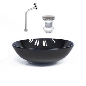 Kit Cuba Vidro Redonda 35cm Torneira + Válvula Preto