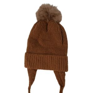 Touca Gorro Infantil De Tricô Forrado Com Pompom E Amarração Marrom