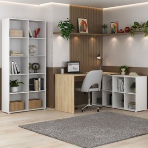 Conjunto Para Escritório E Home Office Com Mesa Em L Com Nichos E Estante Com Nichos Branco-carvalho