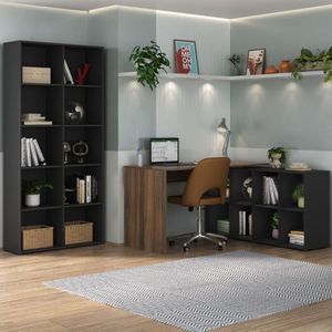 Conjunto Para Escritório E Home Office Com Mesa Em L Com Nichos E Estante Com Nichos Preto-ipê