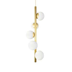 Lustre Vertical Figo Ouro - 5 Globos Esfera De Vidro Branco