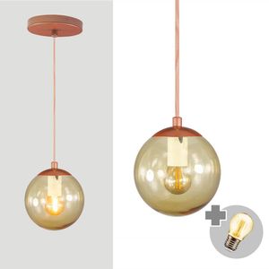 Pendente Bronze C/ Globo De Vidro Ambar De 14cm + Led 2w