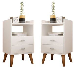Kit 2 Mesa De Cabeceira Retrô Pés Palito Em Madeira Maciça 2 Gavetas E Prateleira Branco