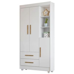 Guarda Roupa Roupeiro Infantil Flocos 3 Portas 2 Gavetas Tigus Baby Flex Branco Madeirado Ypê