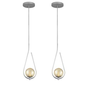 Kit 2 Pendentes Lustres On Drop Prata Globo De Vidro Ambar