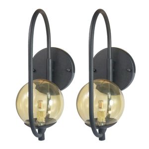 Kit 2 Arandela Online Preta Globo De Vidro Ambar + Led 5w