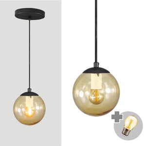 Pendente Preto C/ Globo De Vidro âmbar De 14cm + Led 2w