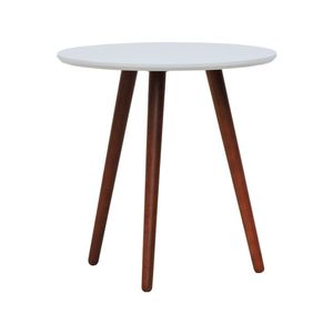 Mesa Lateral Tripé Tampo Mdf E Pés Madeira Eucalipto Maciço - Amêndoa Branco