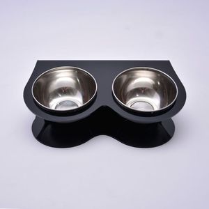 Comedouro Duplo Para Pets Em Acrílico Preto Com Tigela Em Inox