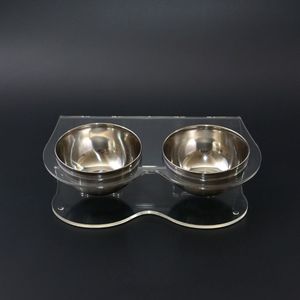 Comedouro Duplo Para Pets Em Acrílico Incolor Com Tigela Em Inox