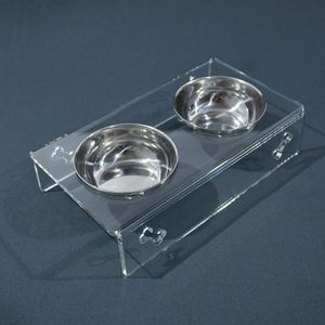 Comedouro Em Acrílico Cristal Com Tigela De Inox Para Pets