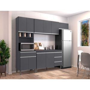 Armário De Cozinha Completa Com Tampo 240 Cm Andréia 4 Peças Cinza Fosco