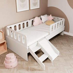 Cama Solteiro Mdf Branco Com Escadinha/escorrega 03 Grades E Cabeceira Anatômica Mobilistore