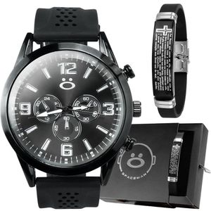 Relogio Masculino Preto Aço Inox + Caixa + Pai Nosso Pulseira Ajustavel Social Presente