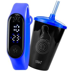 Relogio Digital Prova Dagua Infantil + Copo Capitao America Presente Qualidade Premium