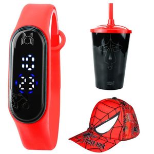 Relogio Digital Infantil Prova Dagua + Copo + Boné Aranha Silicone Combo Menino Heroi Data