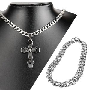 Cordão Prata Aço Inox + Pingente Pai Nosso Cruz + Pulseira Casual Moda Masculina Religioso