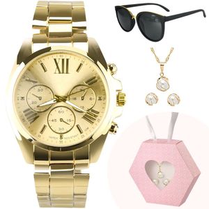 Relogio Dourado Aço Inox + Colar E Brincos Casual Social Aço Inoxidavel