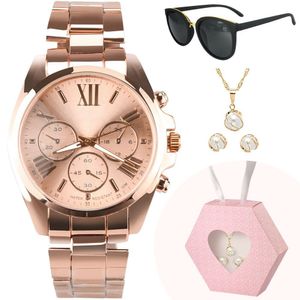 Relogio Dourado Prova Dagua Banhado + Caixa + Oculos + Colar Brinco Aço Inoxidável Casual