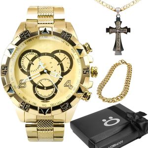 Relogio Banhado Prova Dagua + Cordão Cruz + Pulseira + Caixa Social