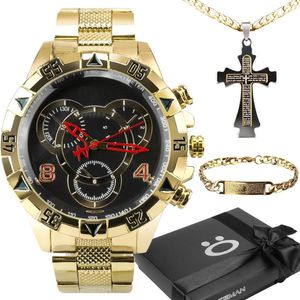 Relogio Prova Dagua Banhado + Caixa + Cordão Cruz + Pulseira Social Robusto Ouro