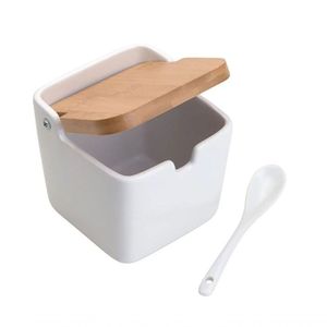 Saleiro De Mesa De Cerâmica Com Tampa De Bambu Bianco 10x11x10cm 5775 - Lyor