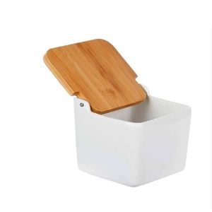 Saleiro De Mesa De Cerâmica Com Tampa De Bambu Bianco 12x12cm 5776 - Lyor