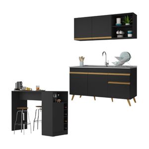 Armário De Cozinha Compacta Com Bancada Americana Veneza Multimóveis Mp2200 Preto/dourado Preto/dourado