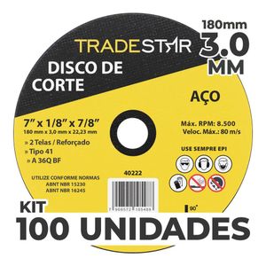 Kit C- 100 Disco De Corte Metal 7 180x3,0 Mm Furo 22-23 Mm