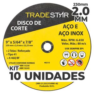 Kit C- 10 Disco De Corte Metal 9 230x2,0 Mm Furo 22-23 Mm